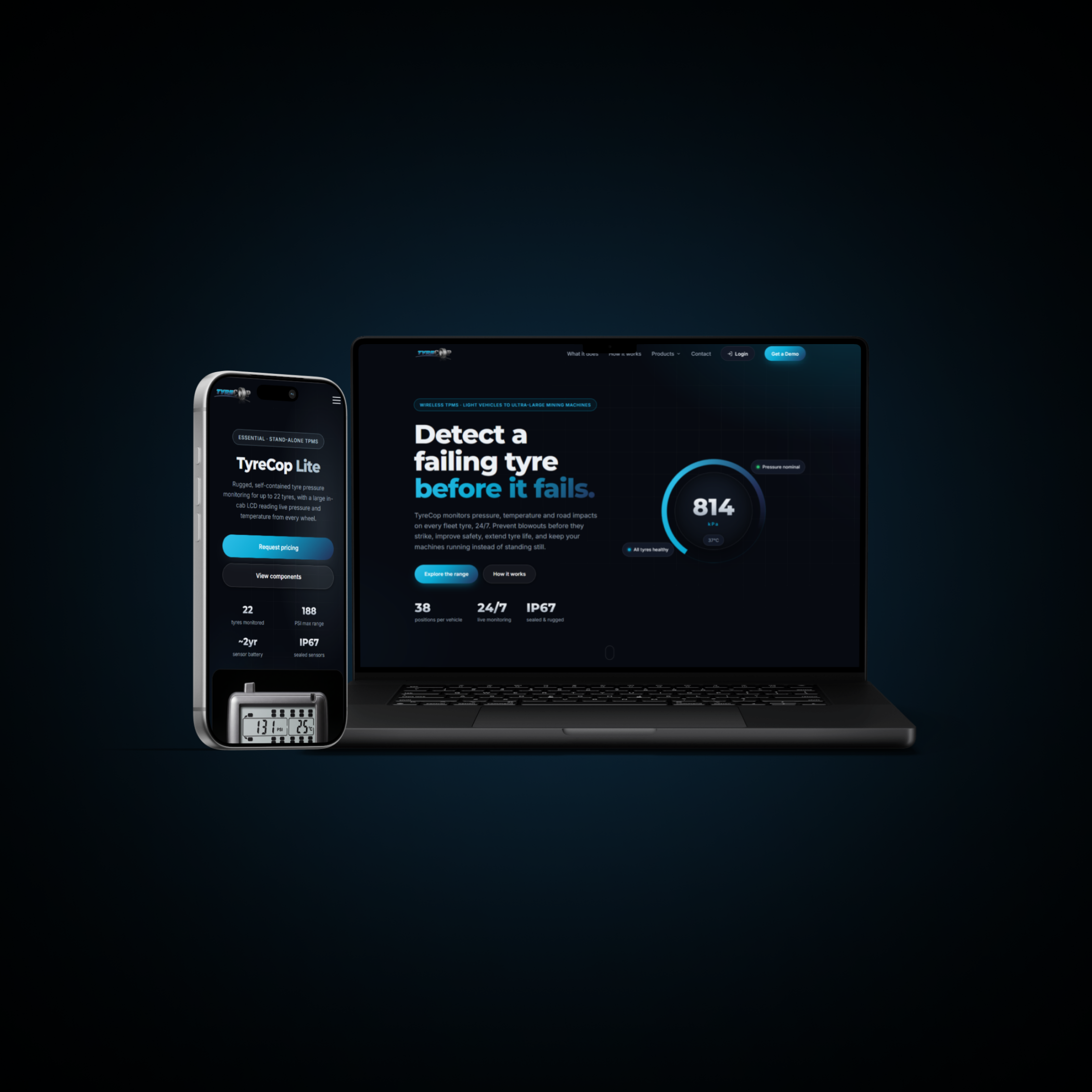 The TyreCop website shown on a laptop and phone